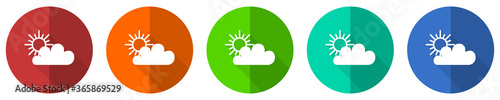 Cloud icon set, red, blue, green and orange flat design web buttons isolated on white background, vector illustration