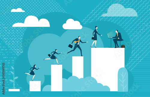 Business people running to interview. Business, finance industry background with business people making career and professional prove. Leadership and business concept flat design.
