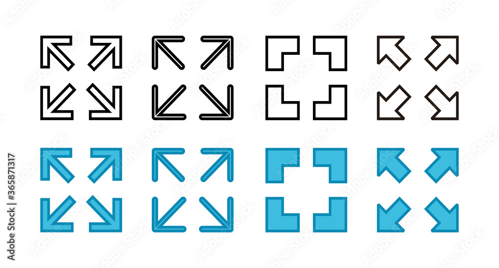 set of Fullscreen Icons. Expand to full screen icon. Fullscreen sign icon. Arrows symbol set of Fullscreen Icons. Expand to full screen icon. Fullscreen sign icon. Arrows symbol