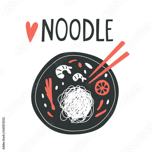 Vector illustration with asian food. Noodle with shrimps, tomato and chopsticks. Pad thai food. Noodle lovers concept. Street fast food. For design, concept, t-shirts, print