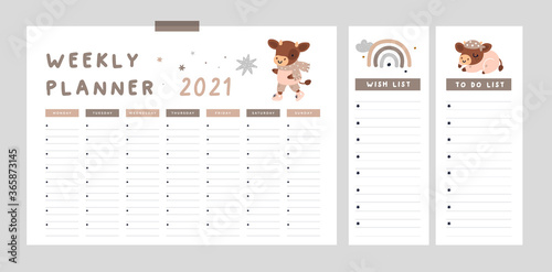 Planner for 2021 year with symbol of the year. Holiday collection with cute cartoon baby bull. Weekly planner, wish list, to do list with cute bull, cow, calf and rainbow. Set of digital prints