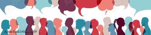 Crowd. Silhouette heads face international people in profile talking and communicating. Speech bubble. Communication. Communicate share ideas information on social networks. Community