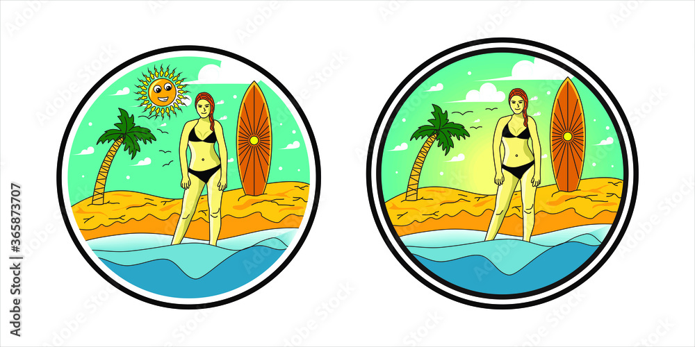 Illustration abstract beach girl on vacation line art logo design vector badge