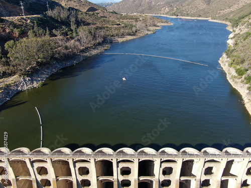 Aerial view of Lake Hodges Dam surrounded by Bernardo Mountain, Rancho Bernardo, East San Diego County, California, USA  photo