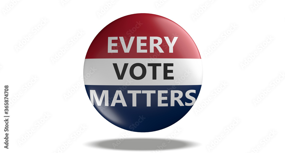 EVERY VOTE MATTERS text on american flag colors badge isolated on white background. USA elections. 3d illustration EVERY VOTE MATTERS text on american flag colors badge isolated on white background. USA elections. 3d illustration