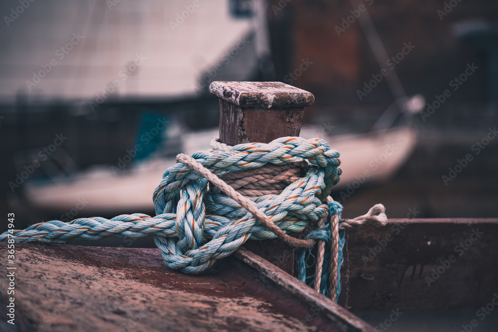 boat ropes tied up with Knots on a fishing boat