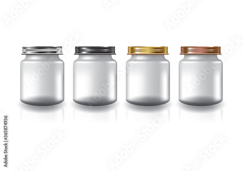 Blank clear round jar with 4 colors screw lid for supplements or food product. Isolated on white background with reflection shadow. Ready to use for package design. Vector illustration.
