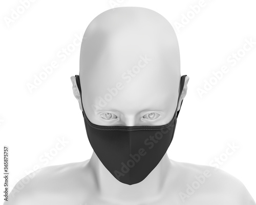Black face mask mockup, dark dust mask over white Mannequin 3d Rendering isolated on white background