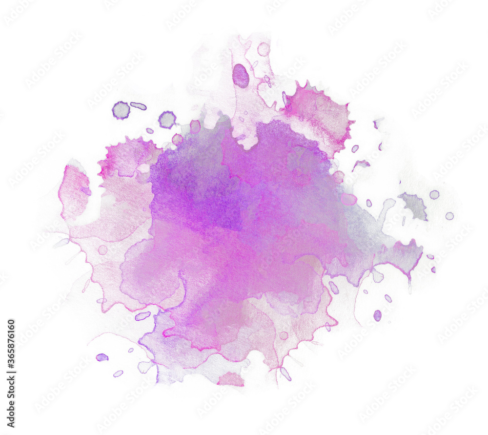 Purple watercolor stain, splatter splash on paper. Purple watercolor stain, splatter splash on paper.