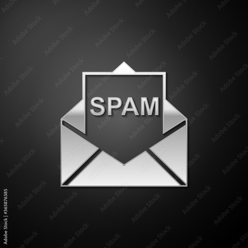 Silver Envelope with spam icon isolated on black background. Concept of virus, piracy, hacking and security. Long shadow style. Vector. Silver Envelope with spam icon isolated on black background. Concept of virus, piracy, hacking and security. Long shadow style. Vector.