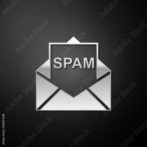 Silver Envelope with spam icon isolated on black background. Concept of virus, piracy, hacking and security. Long shadow style. Vector.