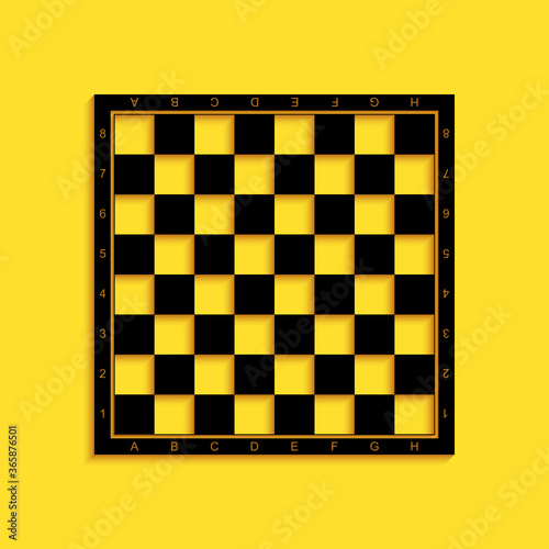 Black Chess board icon isolated on yellow background. Ancient Intellectual board game. Long shadow style. Vector.