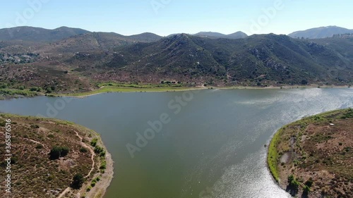 Aerial view of Inland Lake Hodges and Bernardo Mountain, great hiking trail and water activity in Rancho Bernardo East San Diego County, California, USA  photo