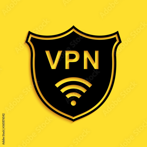 Black Shield with VPN and WiFi wireless internet network icon isolated on yellow background. VPN protect safety. Virtual private network for security. Long shadow style. Vector.