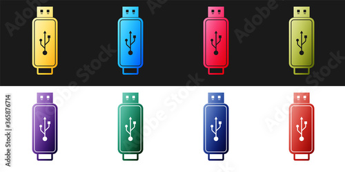Set USB flash drive icon isolated on black and white background. Vector.