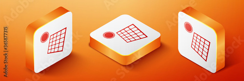 Isometric Solar energy panel and sun icon isolated on orange background. Orange square button. Vector.