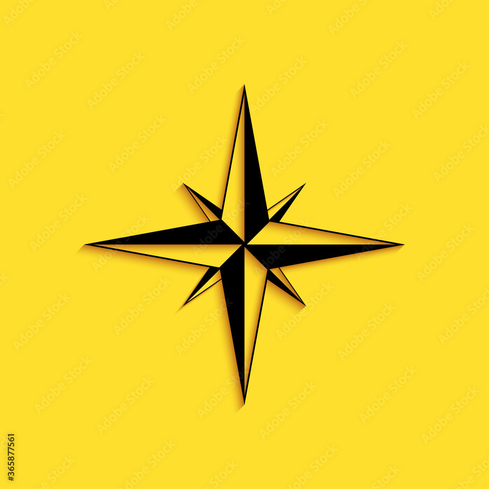 Fototapeta premium Black Wind rose icon isolated on yellow background. Compass icon for travel. Navigation design. Long shadow style. Vector.