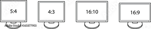 Diagrams comparing differences between different screen aspect ratios. Computer monitors/screens. Line art.