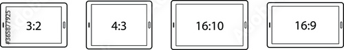 Diagrams comparing differences between different screen aspect ratios. Tablets in landscape. Line art.