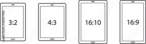 Diagrams comparing differences between different screen aspect ratios. Tablets in portrait. Line art.