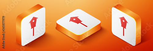 Isometric Bird house icon isolated on orange background. Nesting box birdhouse, homemade building for birds. Orange square button. Vector.