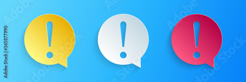 Paper cut Exclamation mark in circle icon isolated on blue background. Hazard warning symbol. FAQ sign. Copy files, chat speech bubble. Paper art style. Vector.