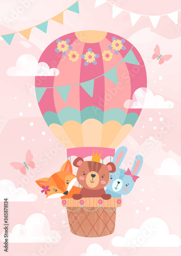 Kids greeting card or poster design with cute little cartoon animals riding in the basket of a hot air balloon over a pink sky with clouds, colored vector illustration