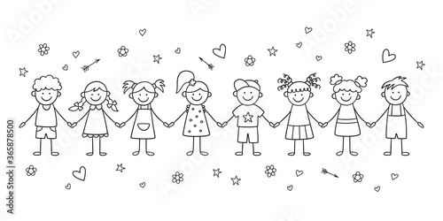 Group of funny children holding hands. Happy cute doodle kids. Isolated vector illustration in hand drawn style on white background