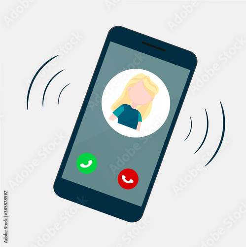 The smartphone is ringing, on the screen
image of a man and two
buttons: accept and reject the call. Pick up the handset and answer the call. Vector image.