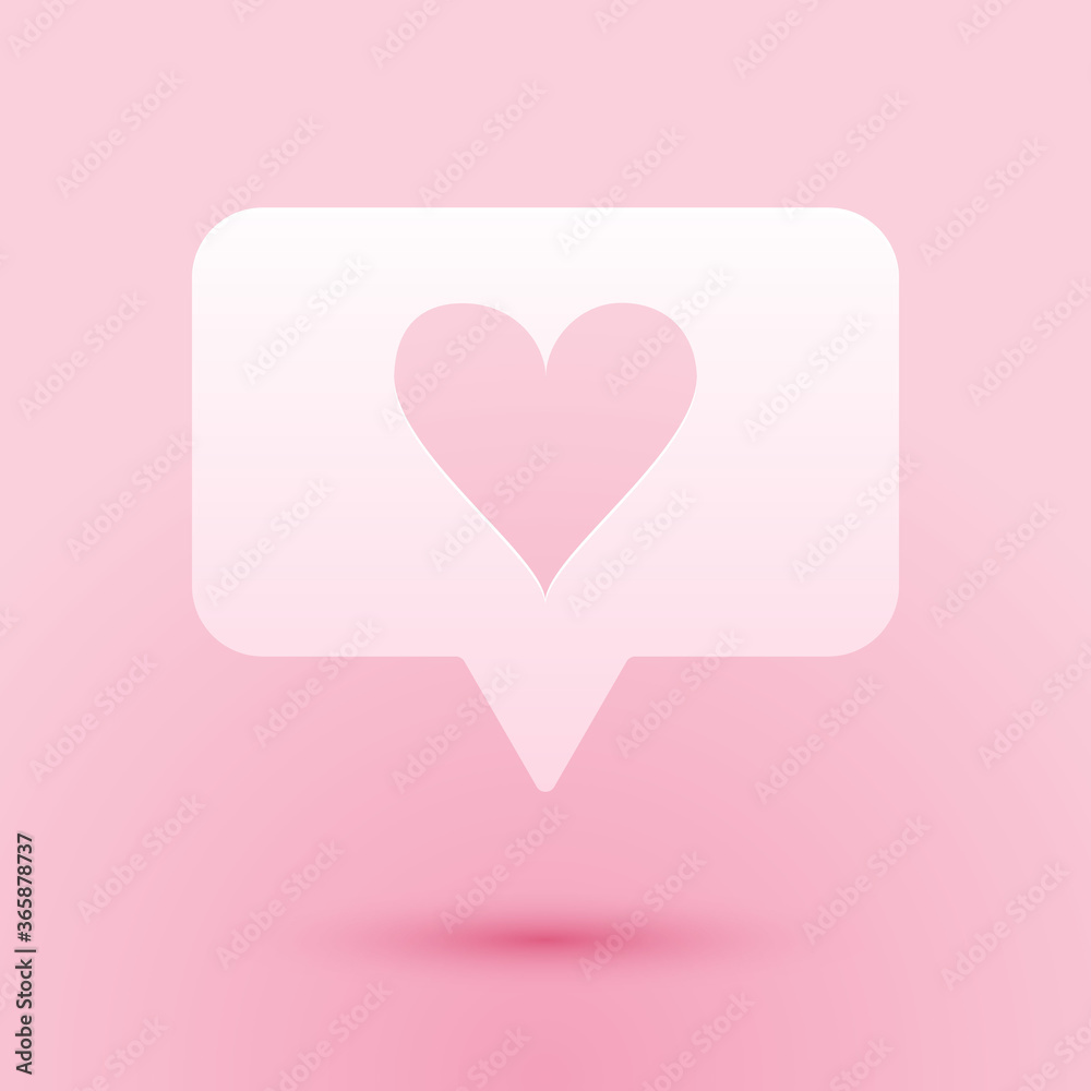 Paper cut Like and heart icon isolated on pink background. Counter Notification Icon. Follower Insta. Paper art style. Vector.