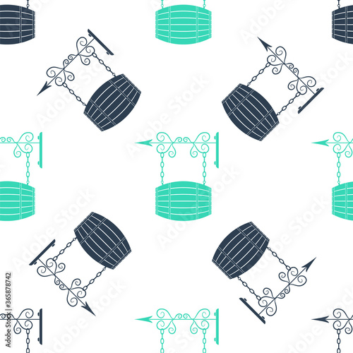 Green Street signboard on forged brackets with barrel shaped wooden icon isolated seamless pattern on white background. Suitable for bar, cafe, pub, restaurant. Vector.