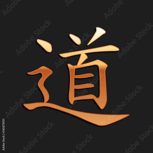 Gold Chinese calligraphy, translation Dao, Tao, Taoism icon isolated on black background. Long shadow style. Vector.