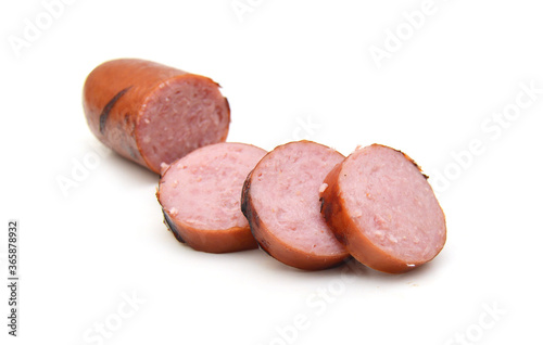 Homemade smoked sausage on white background
