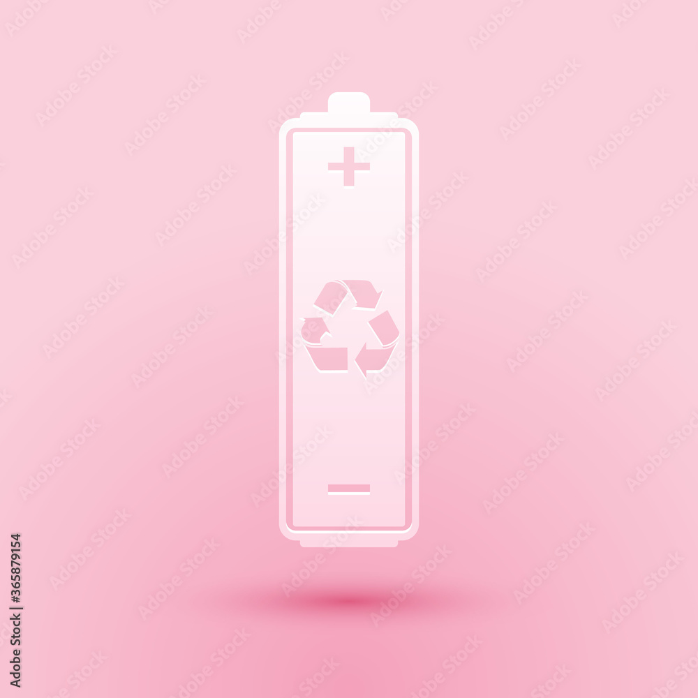 Paper cut Battery with recycle symbol icon isolated on pink background. Battery with recycling symbol - renewable energy concept. Paper art style. Vector. Paper cut Battery with recycle symbol icon isolated on pink background. Battery with recycling symbol - renewable energy concept. Paper art style. Vector.