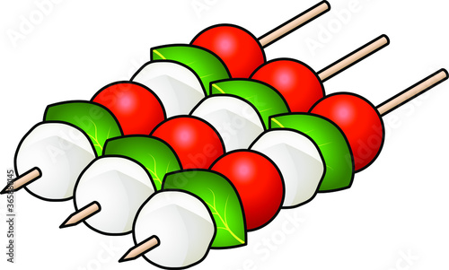 Three Caprese salad sticks - cherry tomato, bocconcini/mozarella, and basil leaves.
