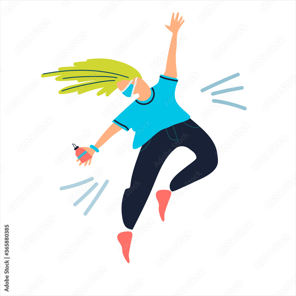 Woman in mask dancing wigh a spray sanitizer. Hygiene during infection outbreak concept. Covid-19 awareness concept. Antiseptic advertisement template. Vector illustration in abstract flat style