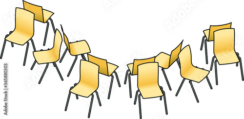Eight chairs arranged in a circle - alternate beech and white -  for group work, or group therapy.