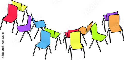 Chairs - rainbow / multicoloured - set back to back for group work, role play, therapy and workshops.