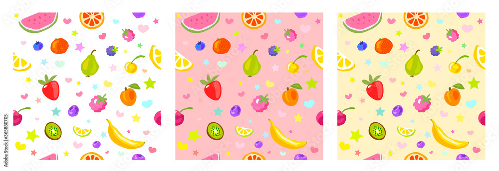Seamless pattern cute fruits, stars, hearts. Child style, strawberry, raspberry, watermelon, lemon on white, pastel yellow, pink background. Simple clipart elements. Hand drawn vector illustration
