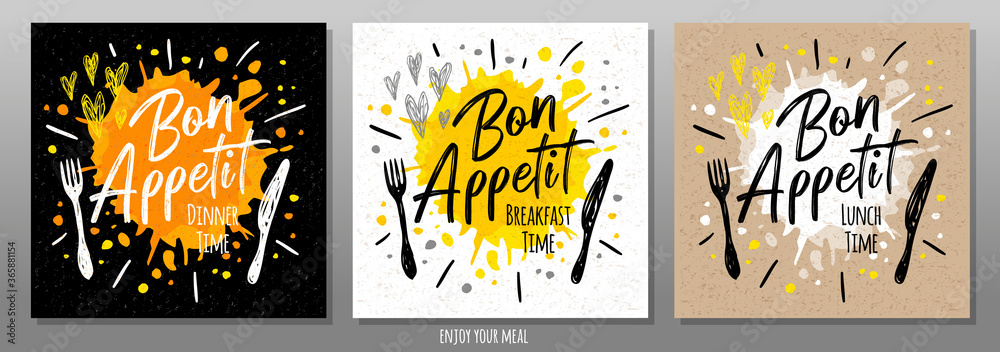 Bon Appetit, enjoy your meal, quote, phrase, food poster, splash, fork ...