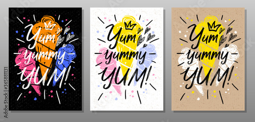 Yum, yummy, quote food poster. Summer, ice cream, sweet, waffle cone, dessert. Lettering, calligraphy poster chalkboard sign sketch style Vector illustration