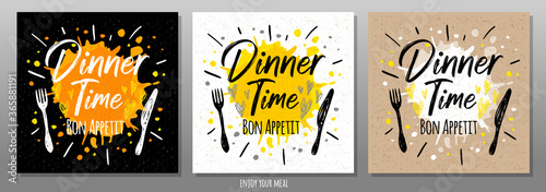 Dinner time Bon Appetit, enjoy your meal, quote, phrase, food poster, splash, fork, knife. Lettering, sketch doodle style, sign For menu, cafe, restaurant lunch breakfast dinner Vector illustration