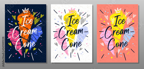 Ice cream cone, quote food poster. Summer, ice cream, sweet, waffle cone, dessert. Lettering, calligraphy poster, chalkboard sign sketch style Vector illustration