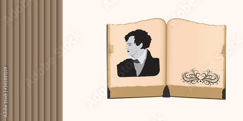 Old book, open, portrait of the poet in profile, vintage decor - vector. Literature.