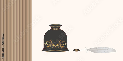 Inkwell, antiques, quill pen with stand, vintage decor - vector.