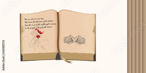 Old book, personal diary, open, drawing a female figure, poetry, vintage decor - vector. Literature.