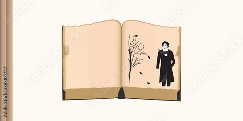 Old book, open, portrait of romantic poet - vector. Literature.