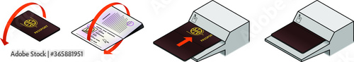 Diagram / instructions to open passport to photo page and position it for scanning in a scanner.