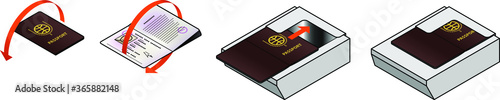 Diagram / instructions to open passport to photo page and position it for scanning in a scanner.