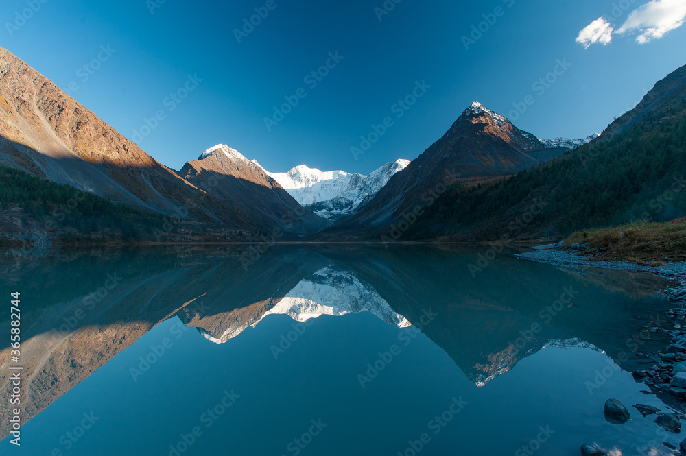 mountains with peaks in the snow and a close-up lake horizontally